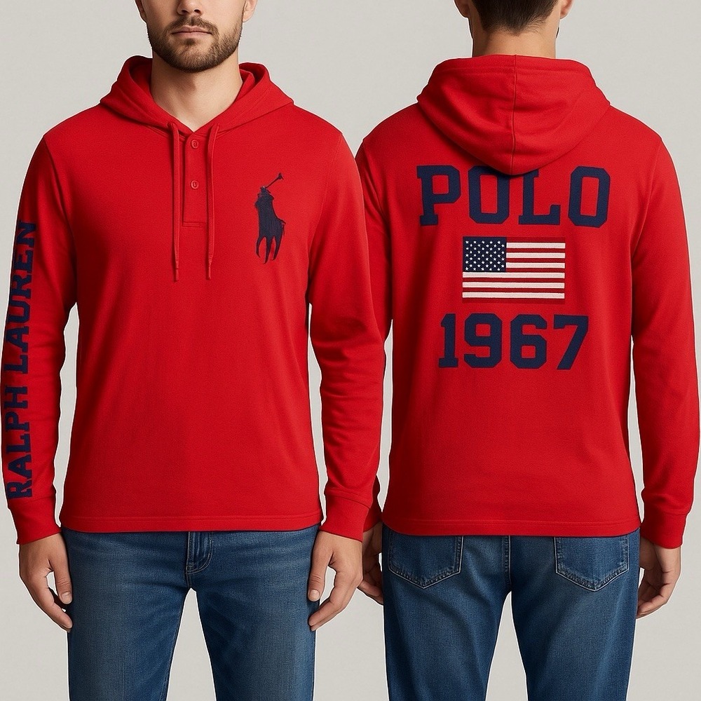 Polo Ralph Lauren Red Big Pony Hoodie 1967 Flag Logo Long‎ Sleeve Men's Large